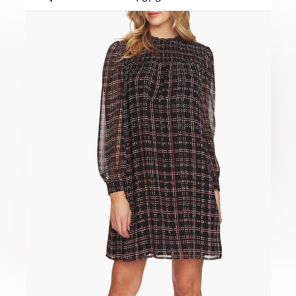 CeCe Black and Pink Checkered Long Sleeve Dress